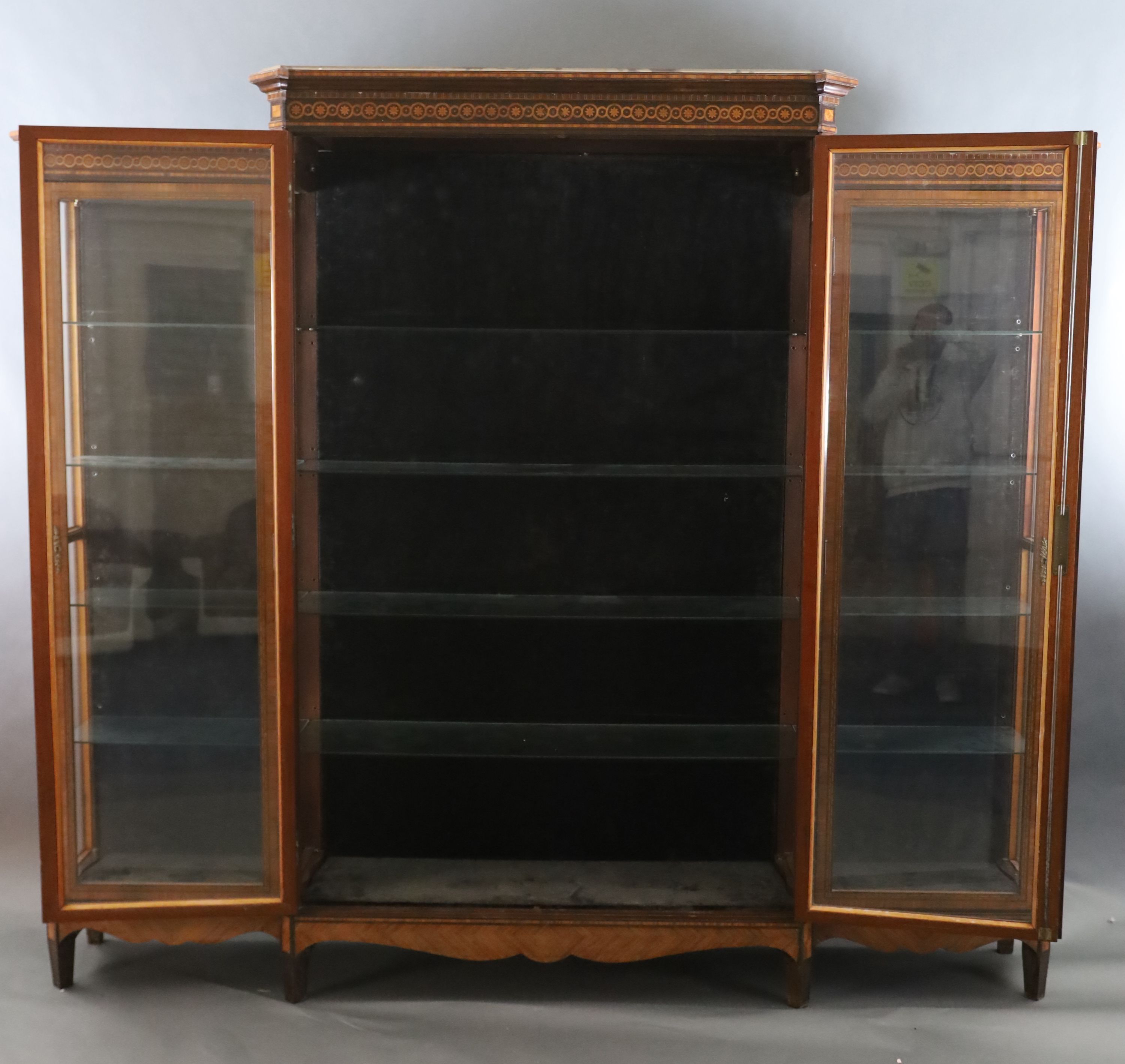 A large 19th century French Louis Philippe period kingwood and marquetry vitrine, W.8ft 4in. D.1ft 5in. H.7ft 4in.